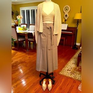 Theory Womens Belt Crop Pants Wide Leg Size 6 Tan Linen Blend